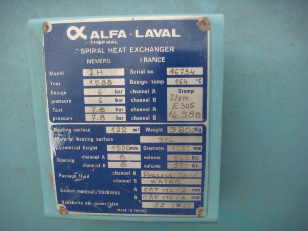 Спиральный теплообменник Alfa Laval F=122 м.кв